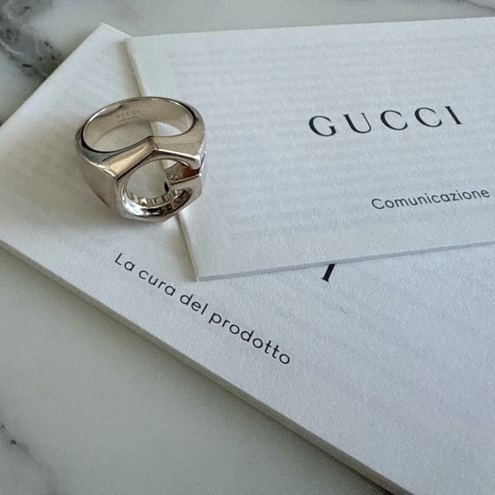 Gucci Sterling Silver Hexagon G Logo Ring Made in Italy Statement Band size 15